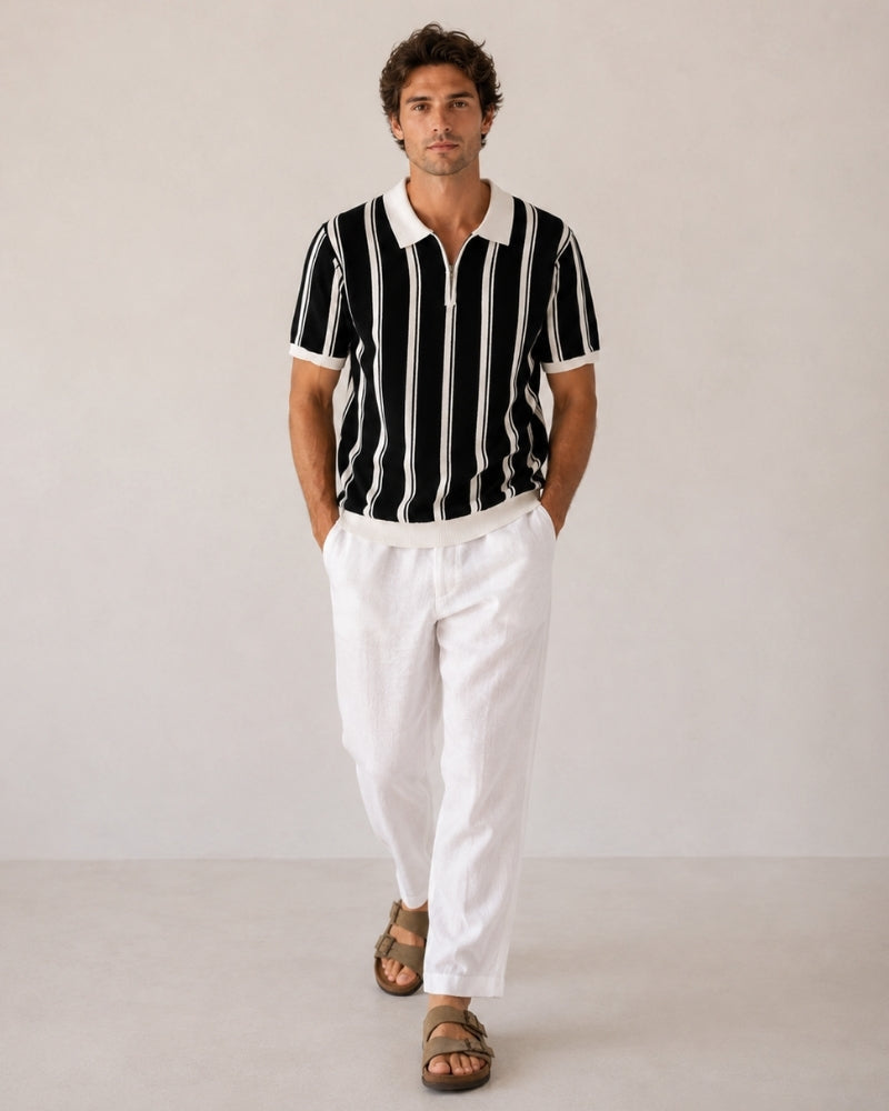 Striped Half Zip Knit Polo with Contrast Collar, Short Sleeve