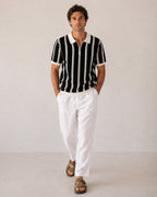 Striped Half Zip Knit Polo with Contrast Collar, Short Sleeve