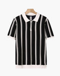 Striped Half Zip Knit Polo with Contrast Collar, Short Sleeve - Black