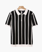 Striped Half Zip Knit Polo with Contrast Collar, Short Sleeve - Black