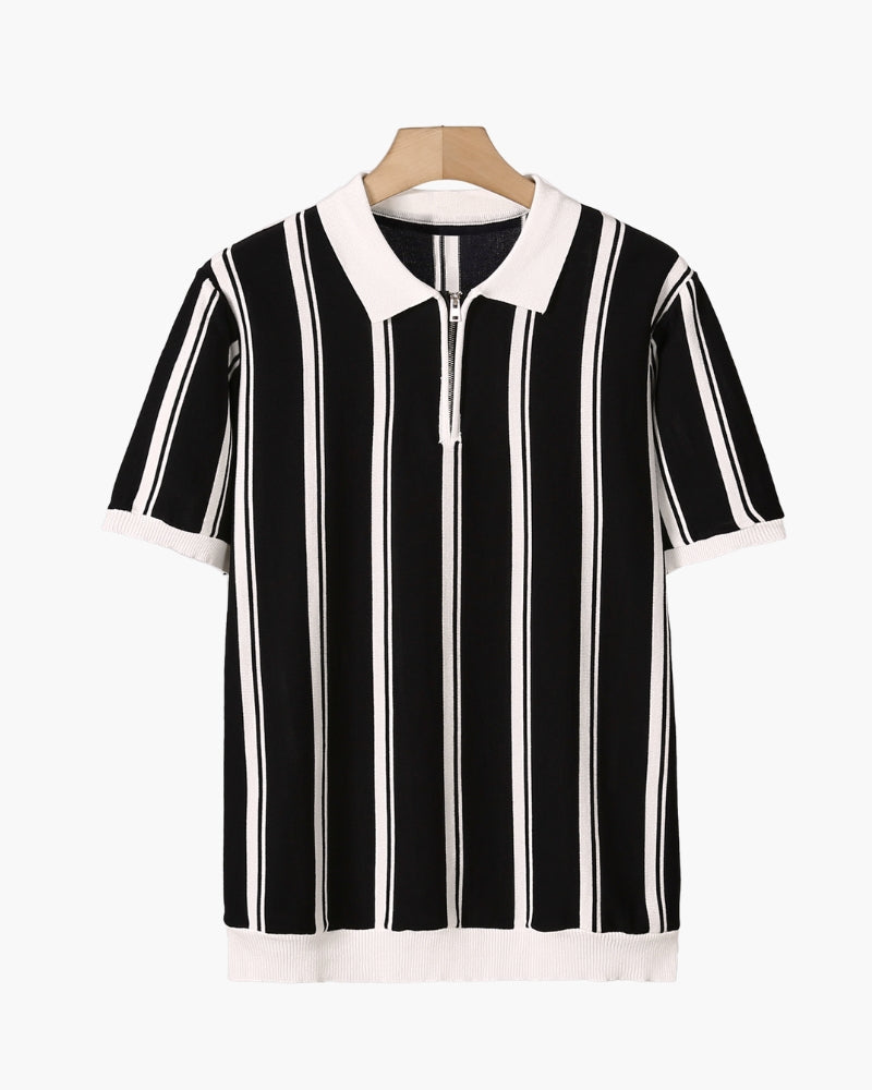 Striped Half Zip Knit Polo with Contrast Collar, Short Sleeve - Black