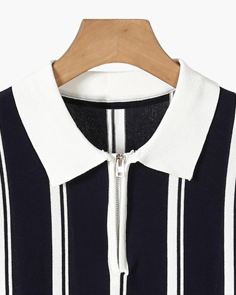 Striped Half Zip Knit Polo with Contrast Collar, Short Sleeve