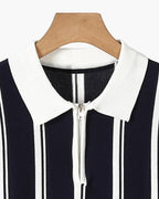 Striped Half Zip Knit Polo with Contrast Collar, Short Sleeve
