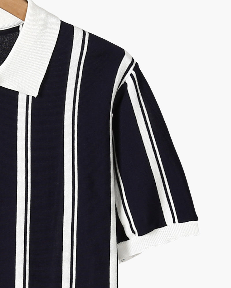 Striped Half Zip Knit Polo with Contrast Collar, Short Sleeve