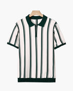 Striped Half Zip Knit Polo with Contrast Collar, Short Sleeve - Green