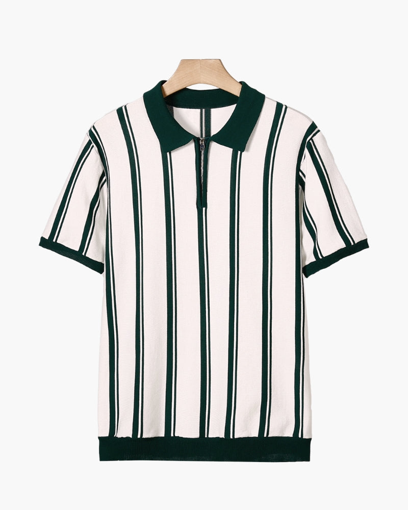 Striped Half Zip Knit Polo with Contrast Collar, Short Sleeve - Green