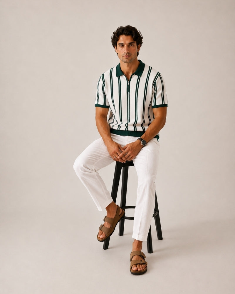 Striped Half Zip Knit Polo with Contrast Collar, Short Sleeve
