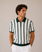 Striped Half Zip Knit Polo with Contrast Collar, Short Sleeve
