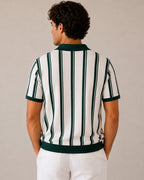 Striped Half Zip Knit Polo with Contrast Collar, Short Sleeve