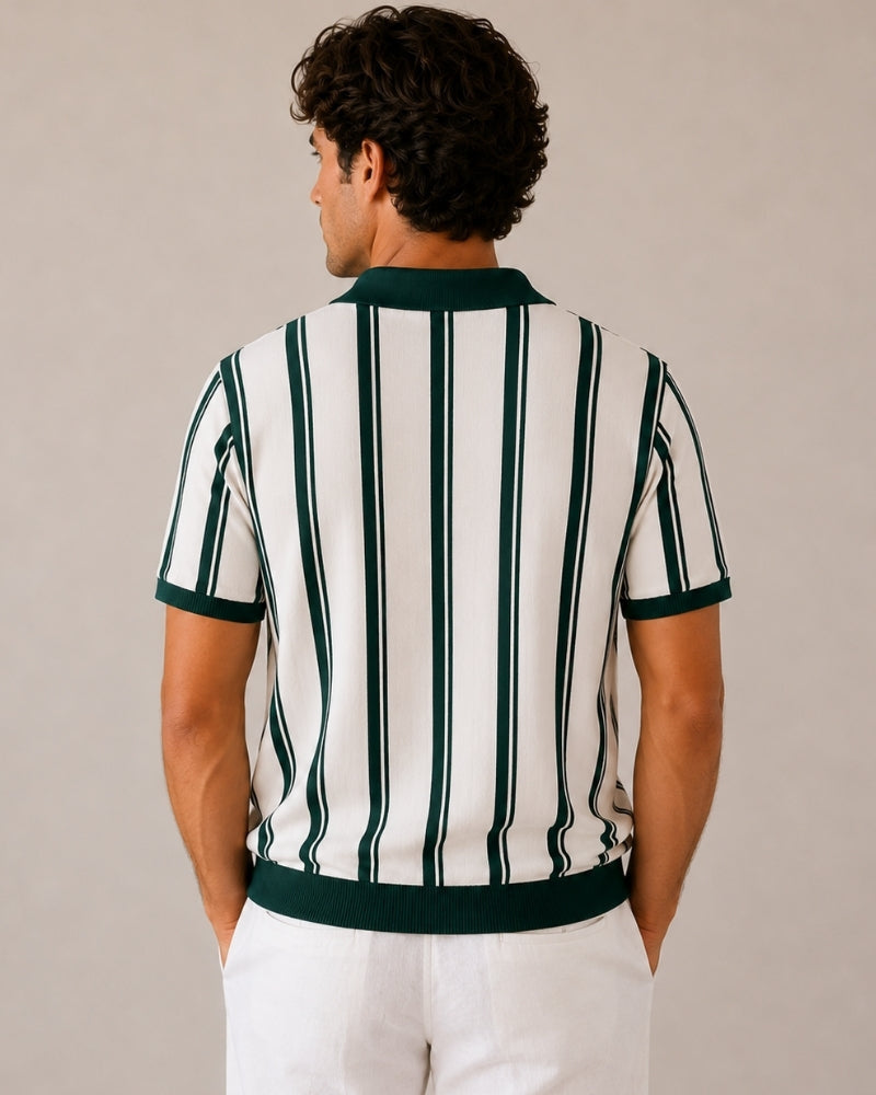 Striped Half Zip Knit Polo with Contrast Collar, Short Sleeve
