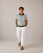 Striped Half Zip Knit Polo with Contrast Collar, Short Sleeve