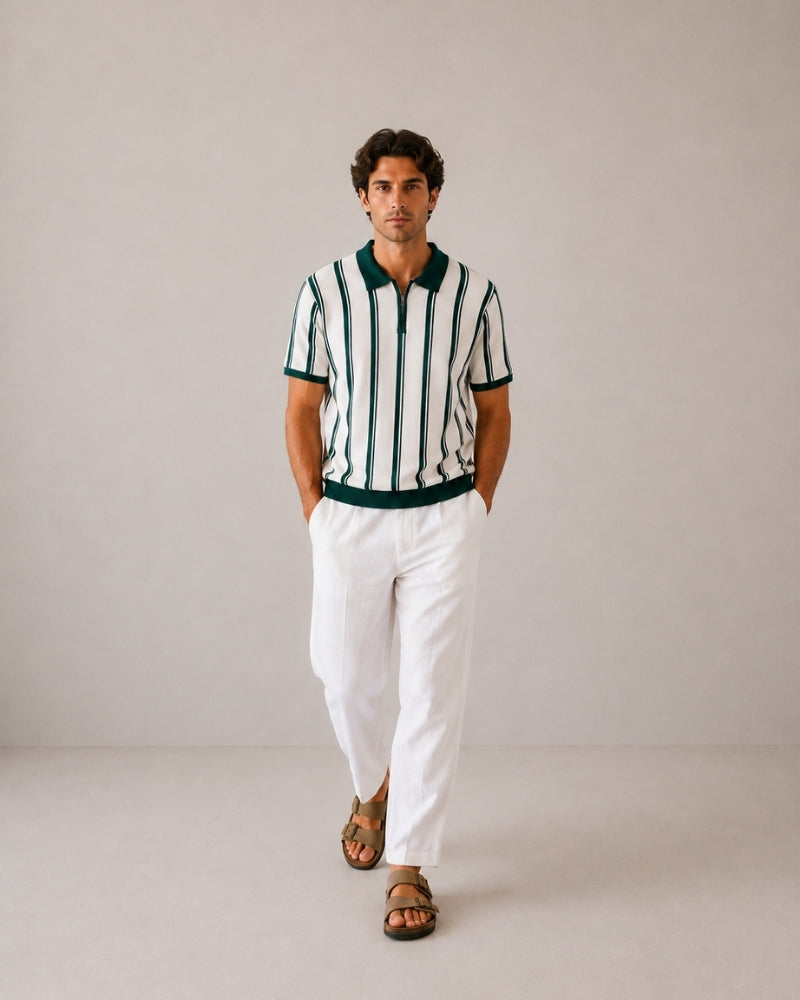 Striped Half Zip Knit Polo with Contrast Collar, Short Sleeve