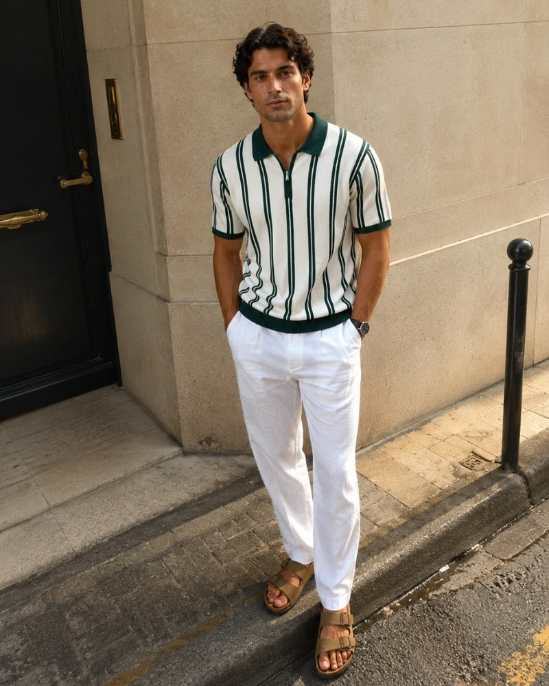 Striped Half Zip Knit Polo with Contrast Collar, Short Sleeve