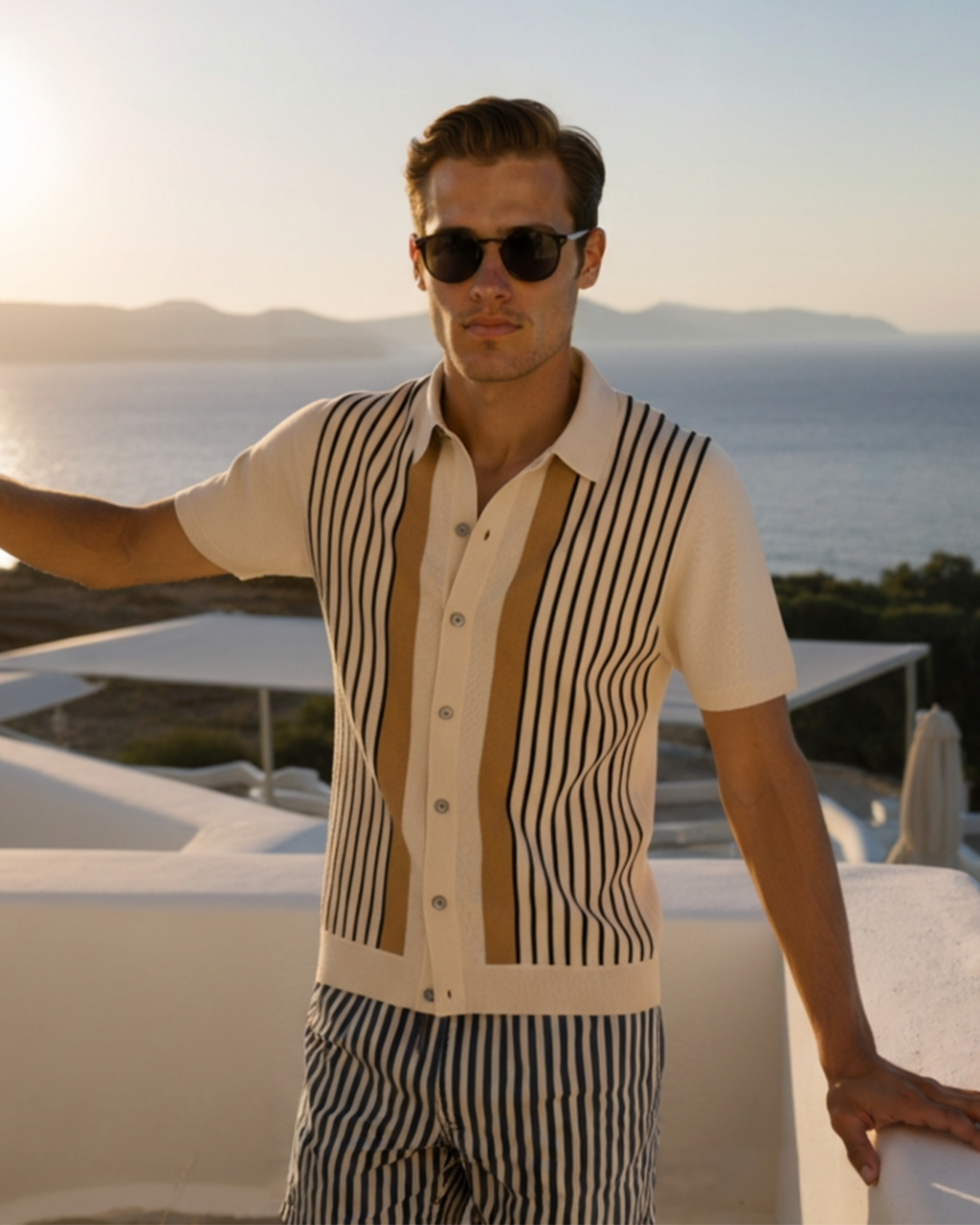 Striped Knit Polo Shirt with Contrast Collar, Short Sleeve