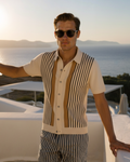 Striped Knit Polo Shirt with Contrast Collar, Short Sleeve