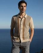 Striped Knit Polo Shirt with Contrast Collar, Short Sleeve
