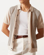 Striped Knit Polo Shirt with Contrast Collar, Short Sleeve