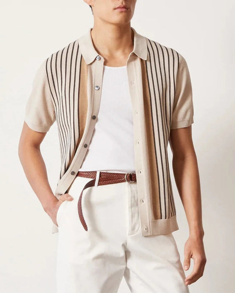 Striped Knit Polo Shirt with Contrast Collar, Short Sleeve