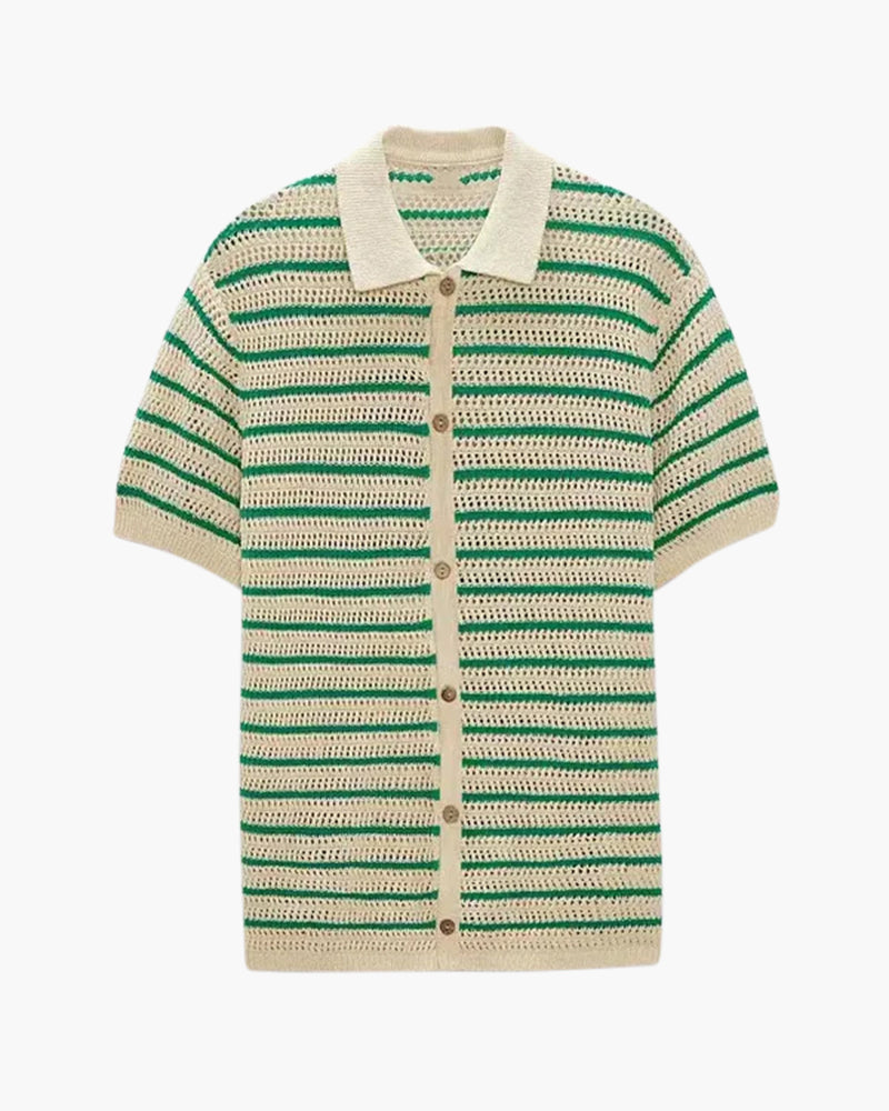 Striped Knit Shirt with Button Front and Open Collar, Short Sleeve