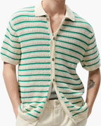 Striped Knit Shirt with Button Front and Open Collar, Short Sleeve
