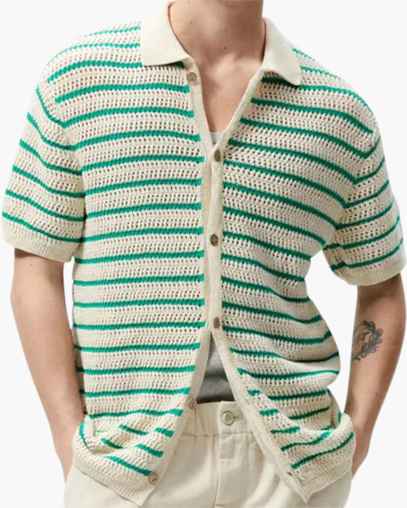 Striped Knit Shirt with Button Front and Open Collar, Short Sleeve