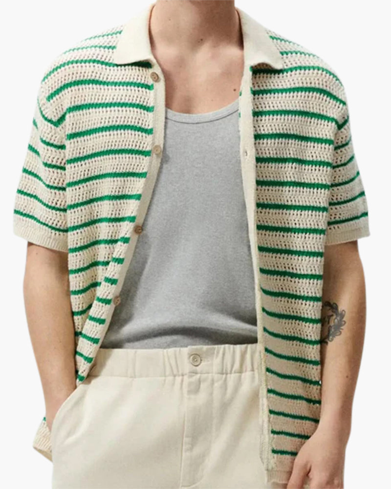 Striped Knit Shirt with Button Front and Open Collar, Short Sleeve