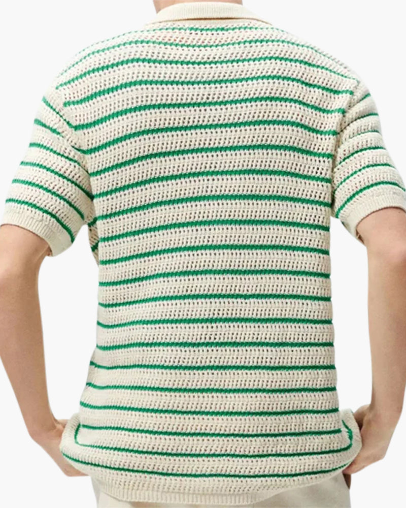 Striped Knit Shirt with Button Front and Open Collar, Short Sleeve