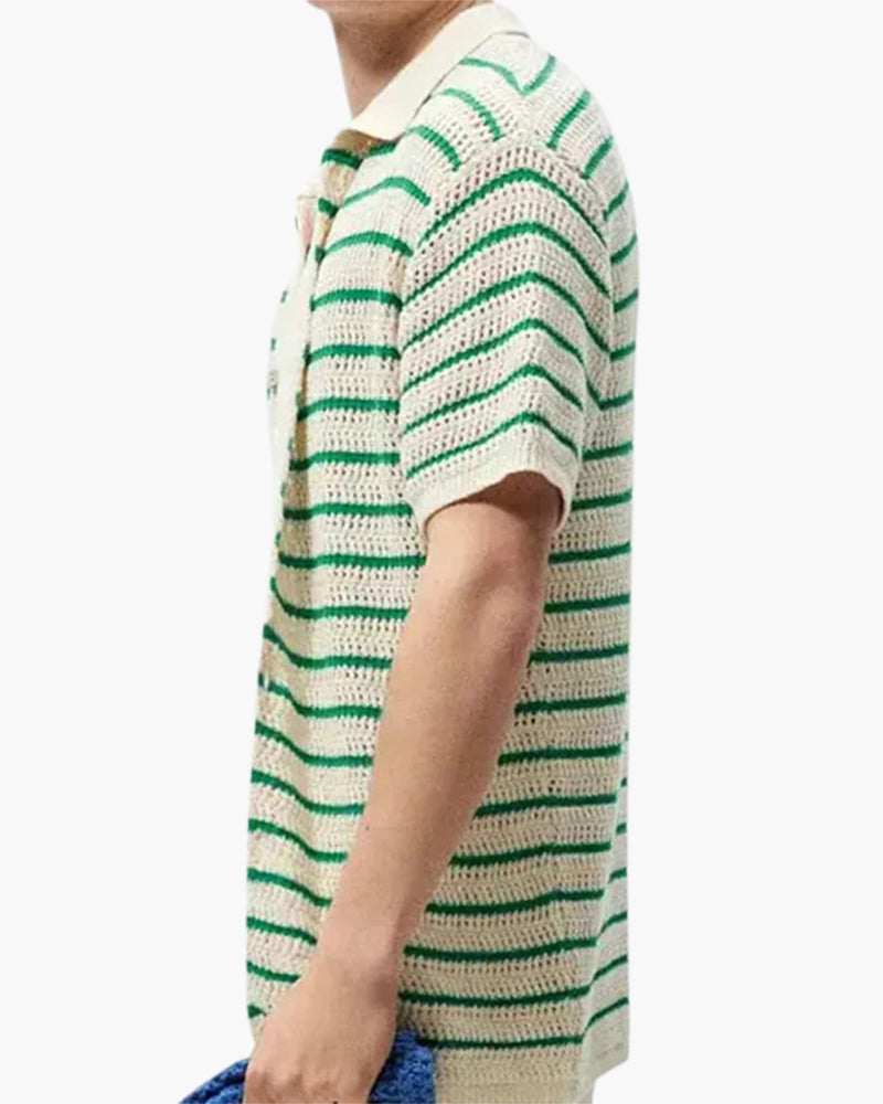 Striped Knit Shirt with Button Front and Open Collar, Short Sleeve