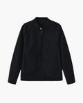 Suede Blouson Jacket with Point Collar and Zip Front - Black