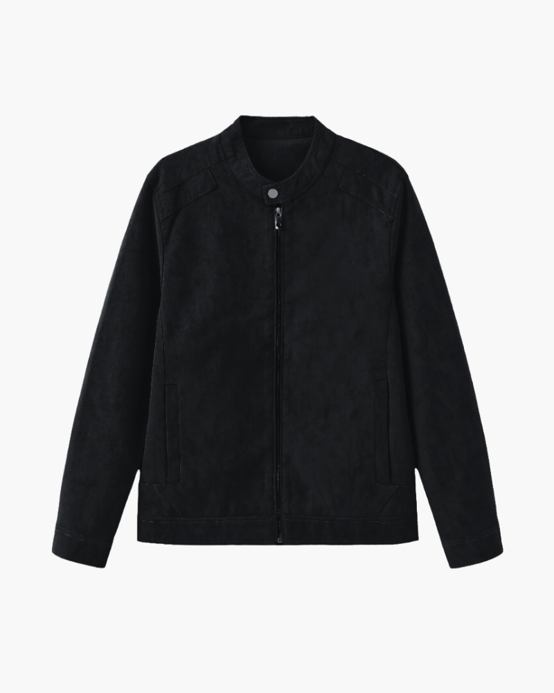 Suede Blouson Jacket with Point Collar and Zip Front - Black
