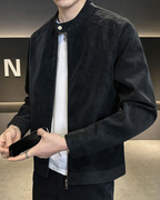 Suede Blouson Jacket with Point Collar and Zip Front