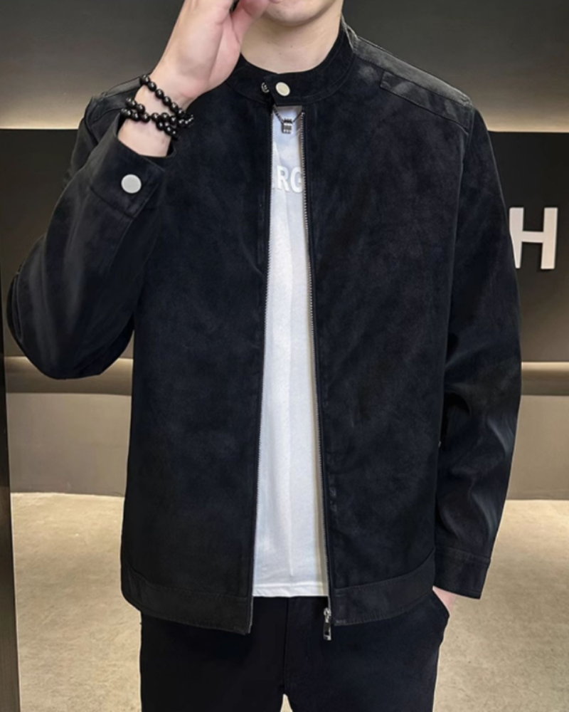 Suede Blouson Jacket with Point Collar and Zip Front