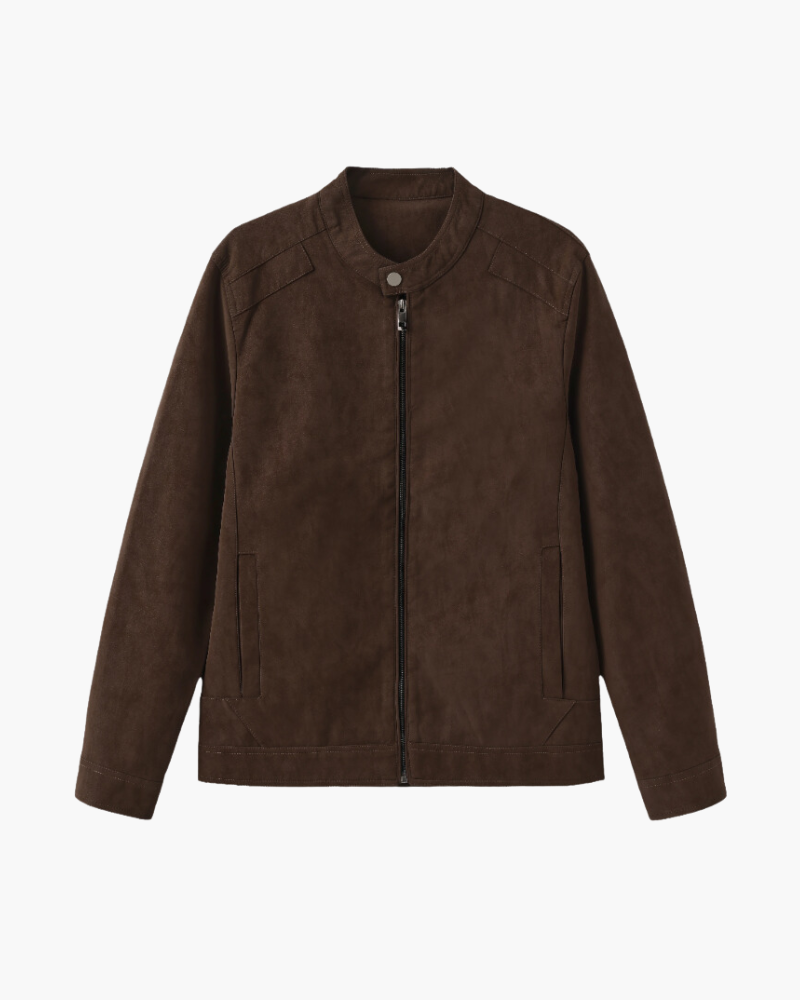Suede Blouson Jacket with Point Collar and Zip Front - Brown