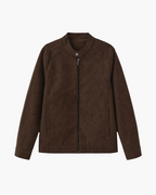 Suede Blouson Jacket with Point Collar and Zip Front - Brown