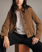Suede Look Blouson Jacket with Point Collar and Pockets - Brown