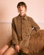 Suede Look Blouson Jacket with Point Collar and Pockets - Brown