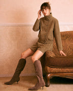 Suede Look Blouson Jacket with Point Collar and Pockets - Brown