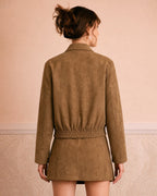 Suede Look Blouson Jacket with Point Collar and Pockets - Brown