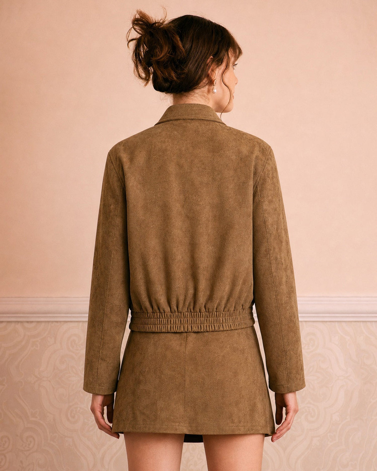 Suede Look Blouson Jacket with Point Collar and Pockets - Brown