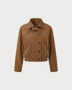 Suede Look Blouson Jacket with Point Collar and Pockets - Brown