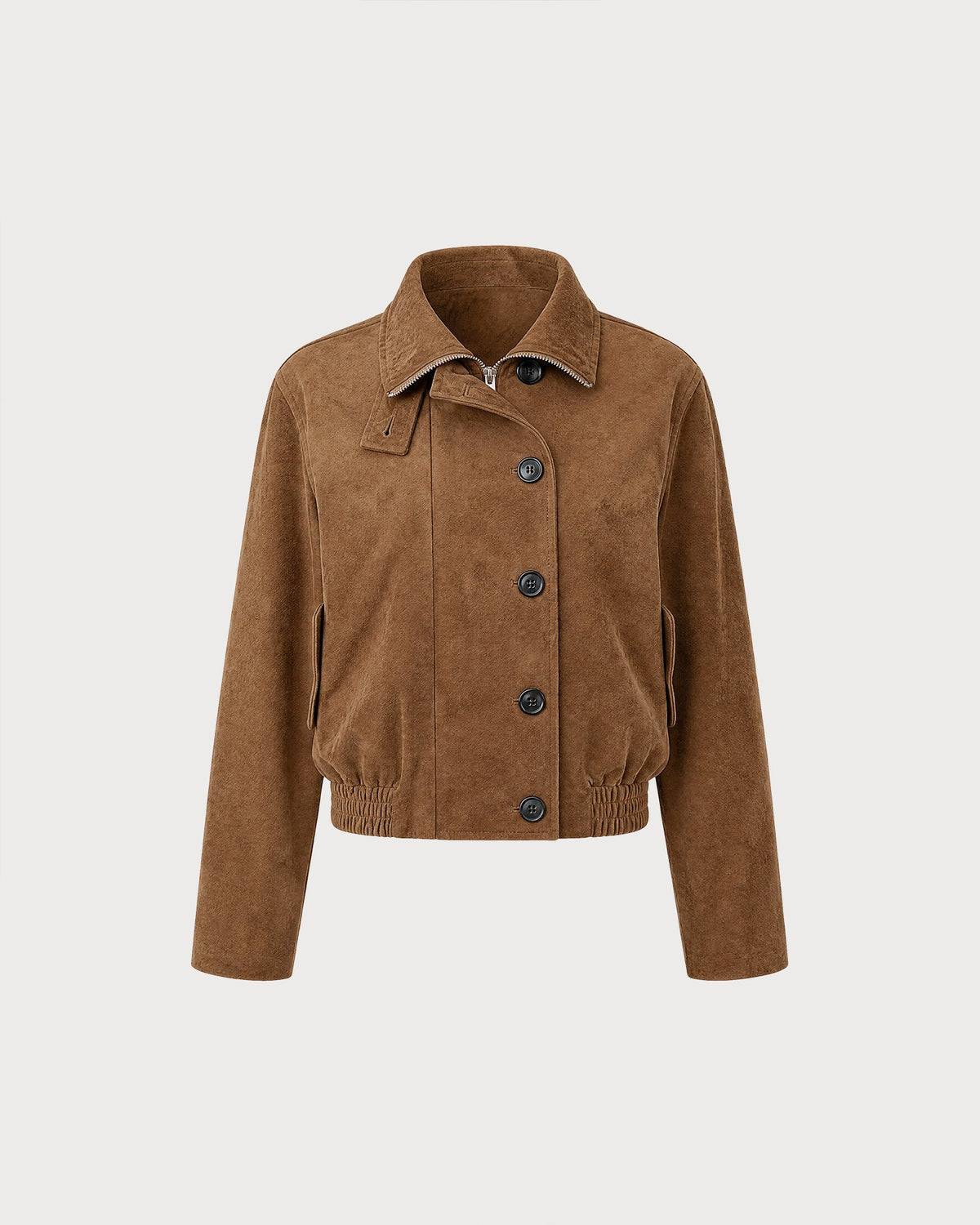 Suede Look Blouson Jacket with Point Collar and Pockets - Brown