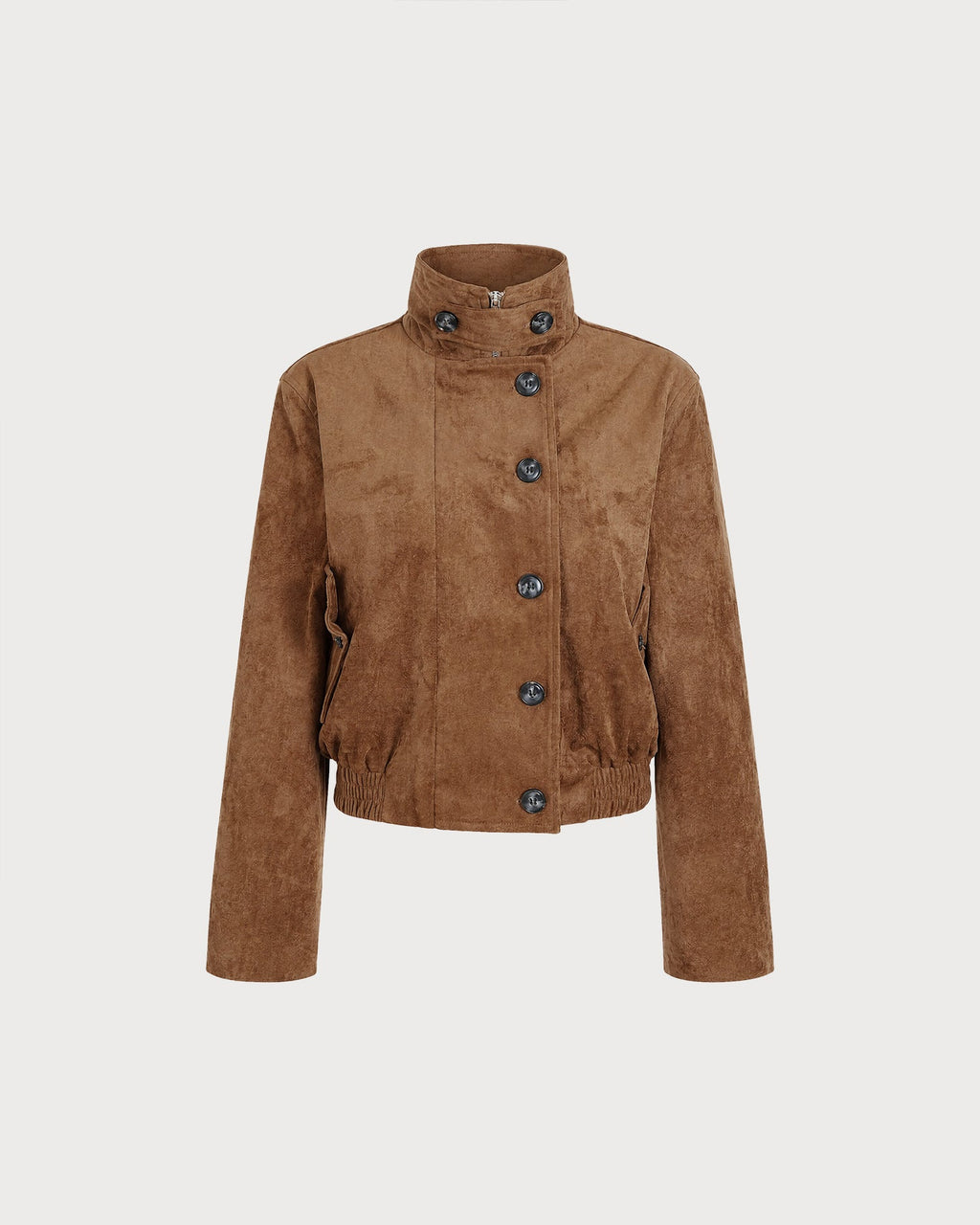 Suede Look Blouson Jacket with Point Collar and Pockets - Brown