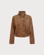 Suede Look Blouson Jacket with Point Collar and Pockets - Brown