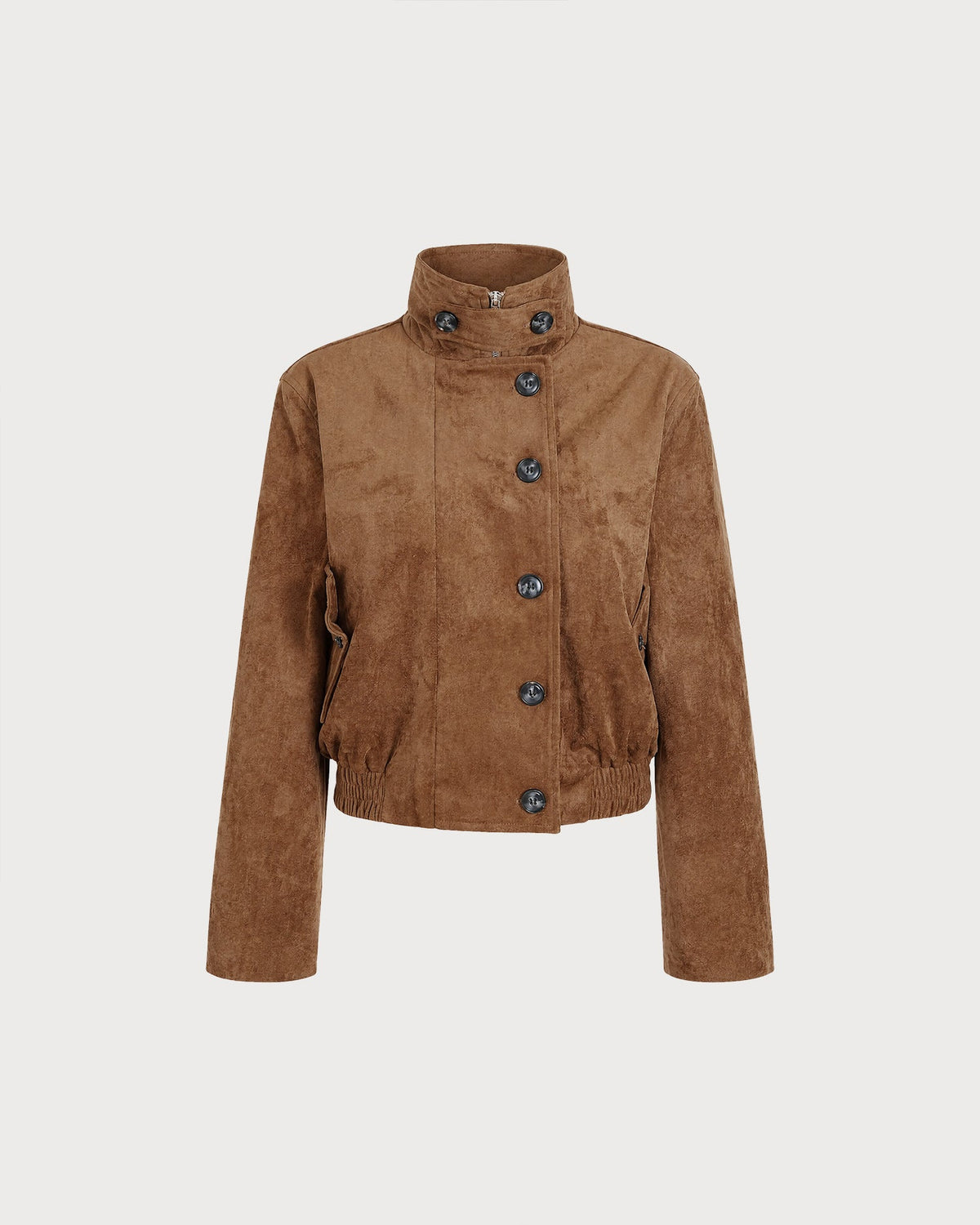 Suede Look Blouson Jacket with Point Collar and Pockets - Brown