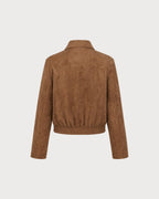 Suede Look Blouson Jacket with Point Collar and Pockets - Brown