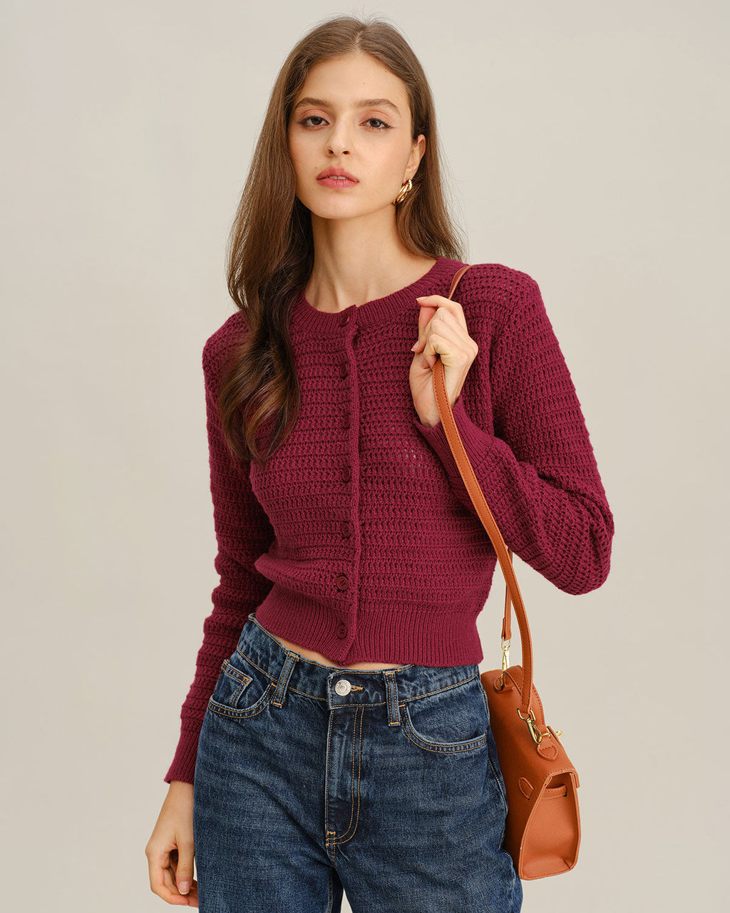 Textured Knit Cardigan with Round Neck and Button Front - Wine Red