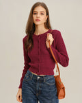 Textured Knit Cardigan with Round Neck and Button Front - Wine Red