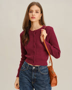 Textured Knit Cardigan with Round Neck and Button Front - Wine Red