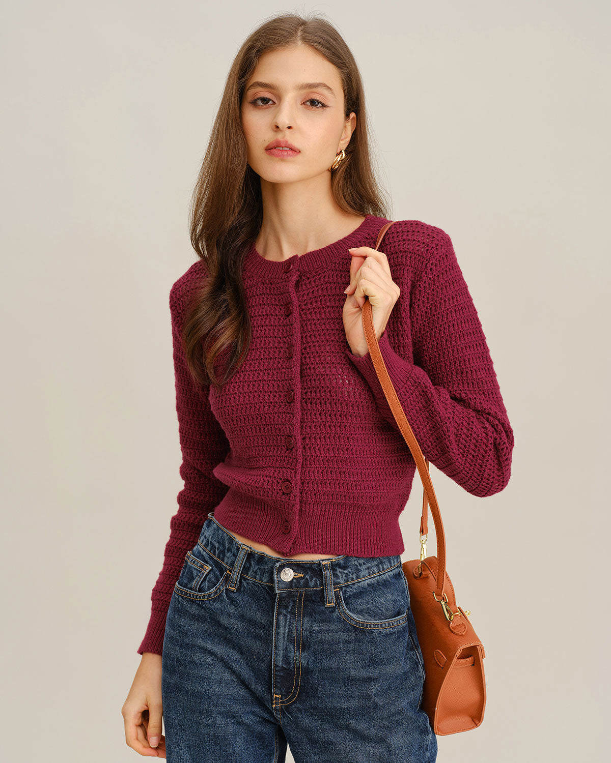 Textured Knit Cardigan with Round Neck and Button Front - Wine Red