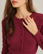 Textured Knit Cardigan with Round Neck and Button Front - Wine Red